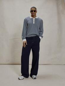 Musero Pantalón de pierna recta con costuras de contraste, detalles de presilla para cinturón y estilo de mezclilla, esencial para primavera y verano - Azul - Ver 1