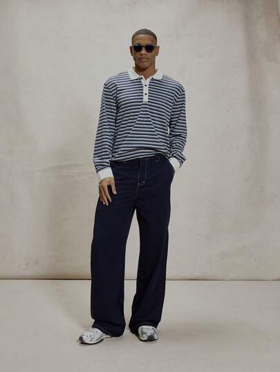 Musero Straight Leg Nylon Contrast Stitching Smart Button Belt Loop Detailing Denim Style Trouser Essentials Spring&Summer