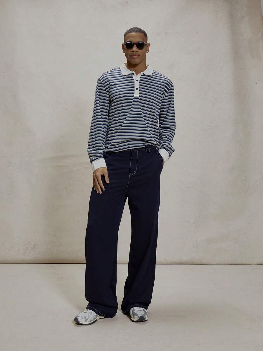 Musero Pantalón de pierna recta con costuras de contraste, detalles de presilla para cinturón y estilo de mezclilla, esencial para primavera y verano - Azul - Ver 1