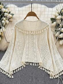 Franclia 休闲优雅度假风钩编蕾丝镂空波西米亚沙滩流苏宽松罩衫，适合大码女性，夏季 - 杏色 - 查看 2