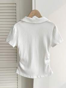 少女春夏纯色休闲优雅蝴蝶结刺绣V领修身侧褶短袖弹力罗纹针织Polo衫，白色 - 白色 - 查看 2