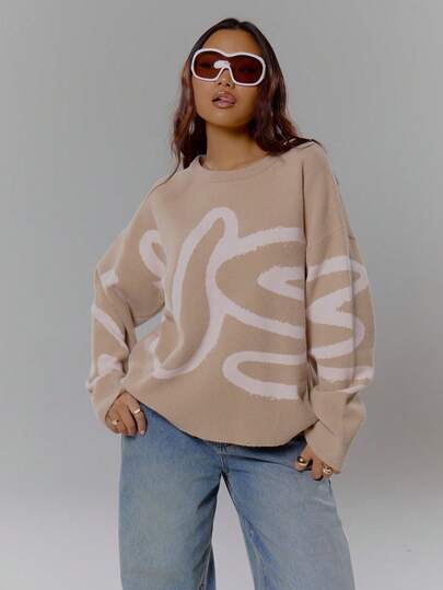 MUSERA Knit Oversized Graphic Print Sweatshirt Jumper Streetwear Coolgirl Winter Sexy Casual Odd Drift