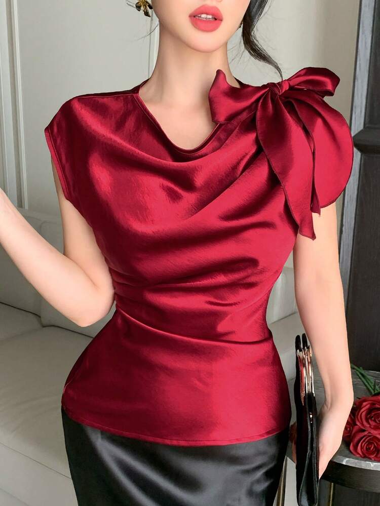 Women's Elegant Solid Color Pleated 3D Flower Blouse, Summer,Wedding Guest Dress Women