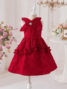 SHEIN Elegant Red Satin Traditional Wedding Dress For Girls,Sleeveless 3D Floral Jacquard Party Frock With Rhinestone Bow And Tiered Ruffle Hem For Toddler - Blue and White - View 10