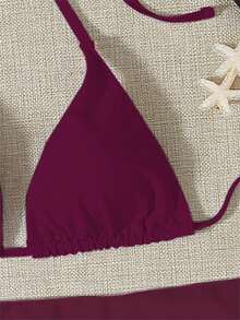 SHEIN Swim Mod 女士夏季沙滩纯色挂脖比基尼套装（3件套） - 三角比基尼上衣、侧系带比基尼下装、半身裙 - 酒紅色 - 查看 6