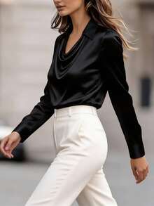 EMERY ROSE Women's Fashionable Elegant Draped Collar Satin Satin Blouse, Versatile For Casual, Commute, Date, Business, Daily Office, Graduation Ceremony Silk Tops For Women Business Casual Top Silk Blouse Office Blouse Satin Blouses For Women - Black - View 4