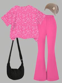 一套少女休闲时尚韩流偶像人物发光字母印花短袖T恤和星形图案喇叭裤套装，适合夏季外出穿着。 - 彩色 - 查看 2