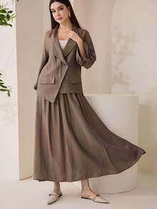 Veilorie Women's Fashion Asymmetrical Design Blazer & Skirt Set - Khaki - View 6