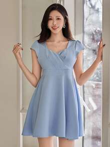 DAZY Women's Elegant Solid Color Pleated Puff Sleeve Mini Dress, Summer Wedding Guest Dress Sundress Cocktail Dress - Blue - View 3