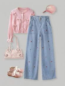 SHEIN Tween Girls' Y2K Washed Loose Casual Jeans With Cute Bow Embroidery, Versatile And Fashionable For Everyday Wear - Light Wash - View 6