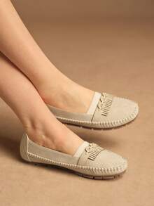 Rosivie Casual Versatile Commuter Fringe Decor Flat Shoes - Beige - View 6