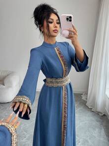 Yasmyna Women's Elegant Arabic Style Patchwork Ribbon & Tassel Trim Dress