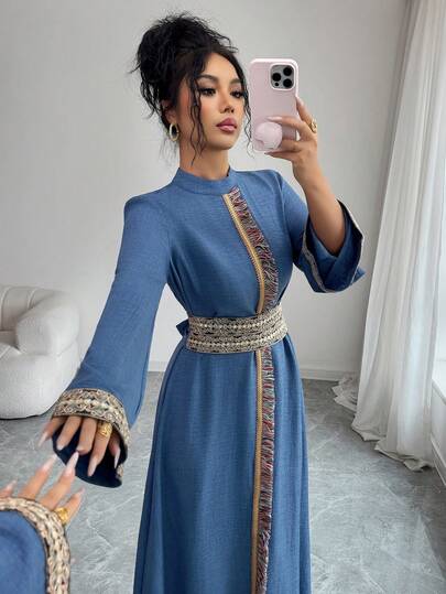 Yasmyna Elegant klänning i arabisk stil med lapptäcke och tofskant för kvinnor