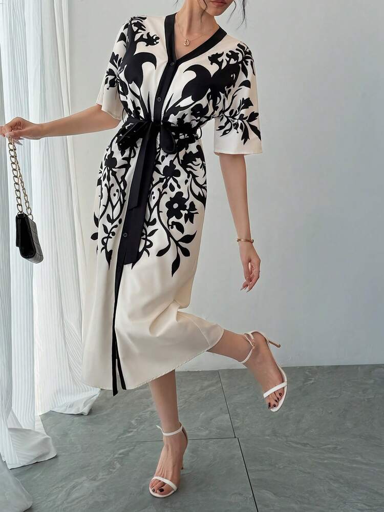 Women's Elegant Floral Patchwork Belted Mid-Length Dress, Summer Spring Wedding Guest Dress Sundress