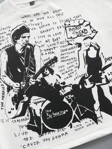 ROMWE MEN Grunge Punk Áo thun nam tay ngắn in hình vẽ tay, kiểu dáng thường ngày. - trắng - Xem 4