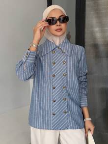 DAZY Women's Casual Striped Double-Breasted Lapel Shirt, Autumn/Winter - Blue - View 1