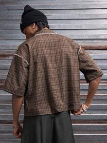 AXEPEAK Men's Plaid Collar Pocket Single-Breasted Casual Versatile Commuting Short Sleeve Shirt - Coffee Brown - View 2