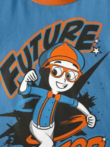 Blippi X SHEIN 男童休闲通勤字母卡通图案撞色圆领短袖T恤，夏季 - 白色 - 查看 3