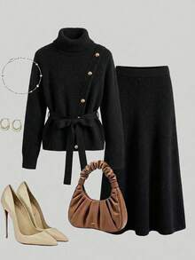 GlowEve CURVE Early Spring New Stylish Design Oblique Placket Metal Button Black Turtleneck Long Sleeve Sweater Paired With Waist Tie Black A-Line Skirt Women Faux Fur Sweater Set