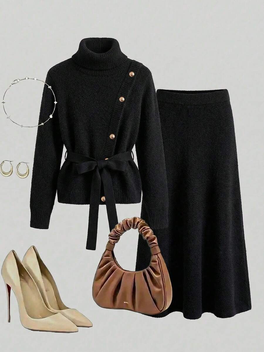 GlowEve CURVE Early Spring New Stylish Design Oblique Placket Metal Button Black Turtleneck Long Sleeve Sweater Paired With Waist Tie Black A-Line Skirt Women Faux Fur Sweater Set