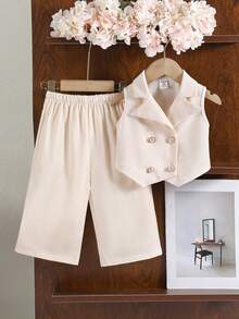 SHEIN Baby Girl Cute Apricot Blazer Collar Vest & Elastic Waist Pants Set, Summer - Apricot - View 4