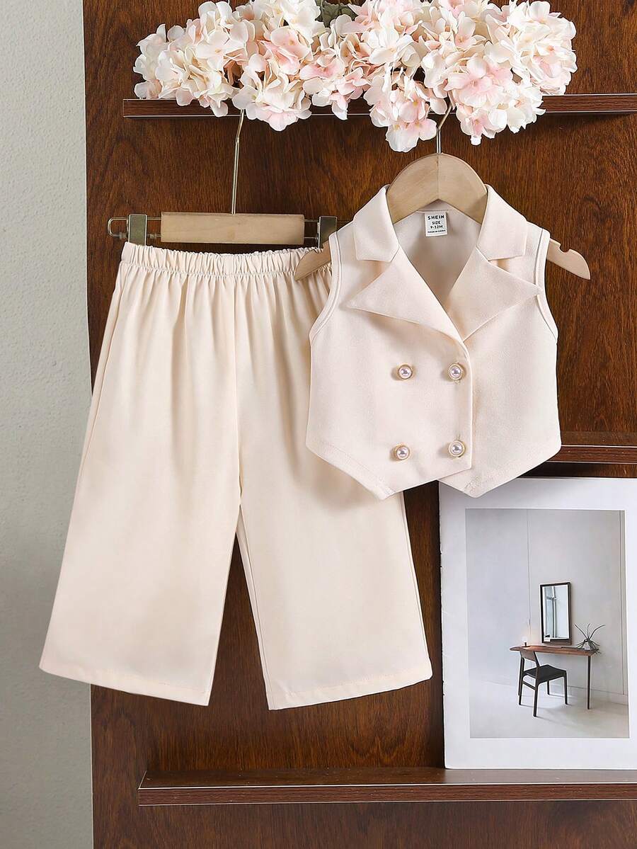SHEIN Baby Girl Cute Apricot Blazer Collar Vest & Elastic Waist Pants Set, Summer - Apricot - View 1