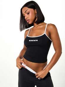 SUMWON WOMEN 女士黑色家居套装，白色撞色滚边吊带背心搭配阔腿裤，饰有品牌标志，舒适宽松版型 - 黑色 - 查看 5