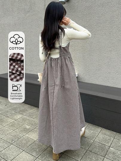 FRIFUL Women's Plaid Strap Pinafore Dress, Hollow Back Tie-Up Bow Pleated Flared Dress, Casual Versatile Long Dress For Autumn/Winter Summer Women Dresses
