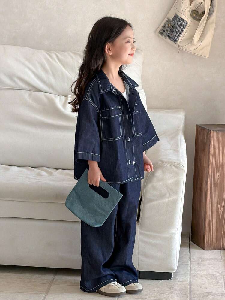 Young Girls Washed Vintage Korean Style Casual Short Sleeve Top And Casual Denim Pants Set