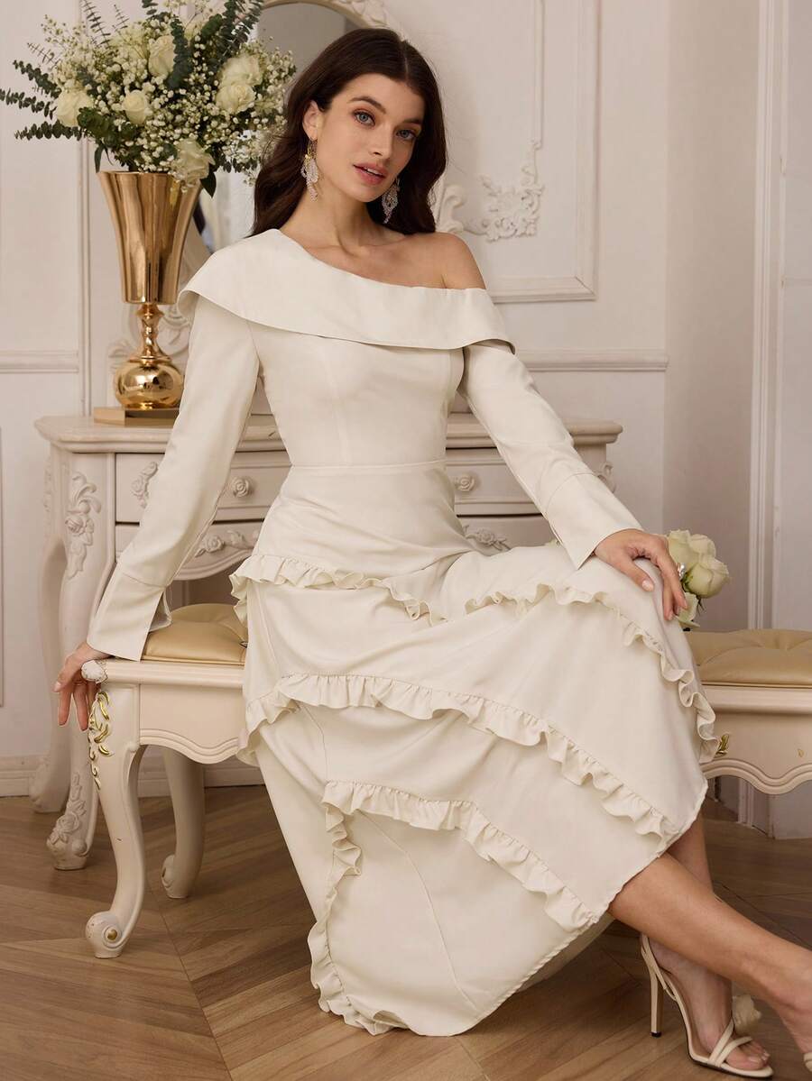 Modelyn Women's Elegant Asymmetrical Shoulder Frill Trim Midi Dress - Beige - View 1