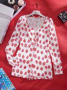 Eraneu Women's Sexy Red Lip Print Front Closure Bodysuit Lingerie - Red and White - View 6