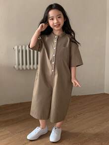 Dazy Kids Bộ áo liền quần tay ngắn màu trơn dáng casual cho bé gái - Cà phê nâu - Xem 3