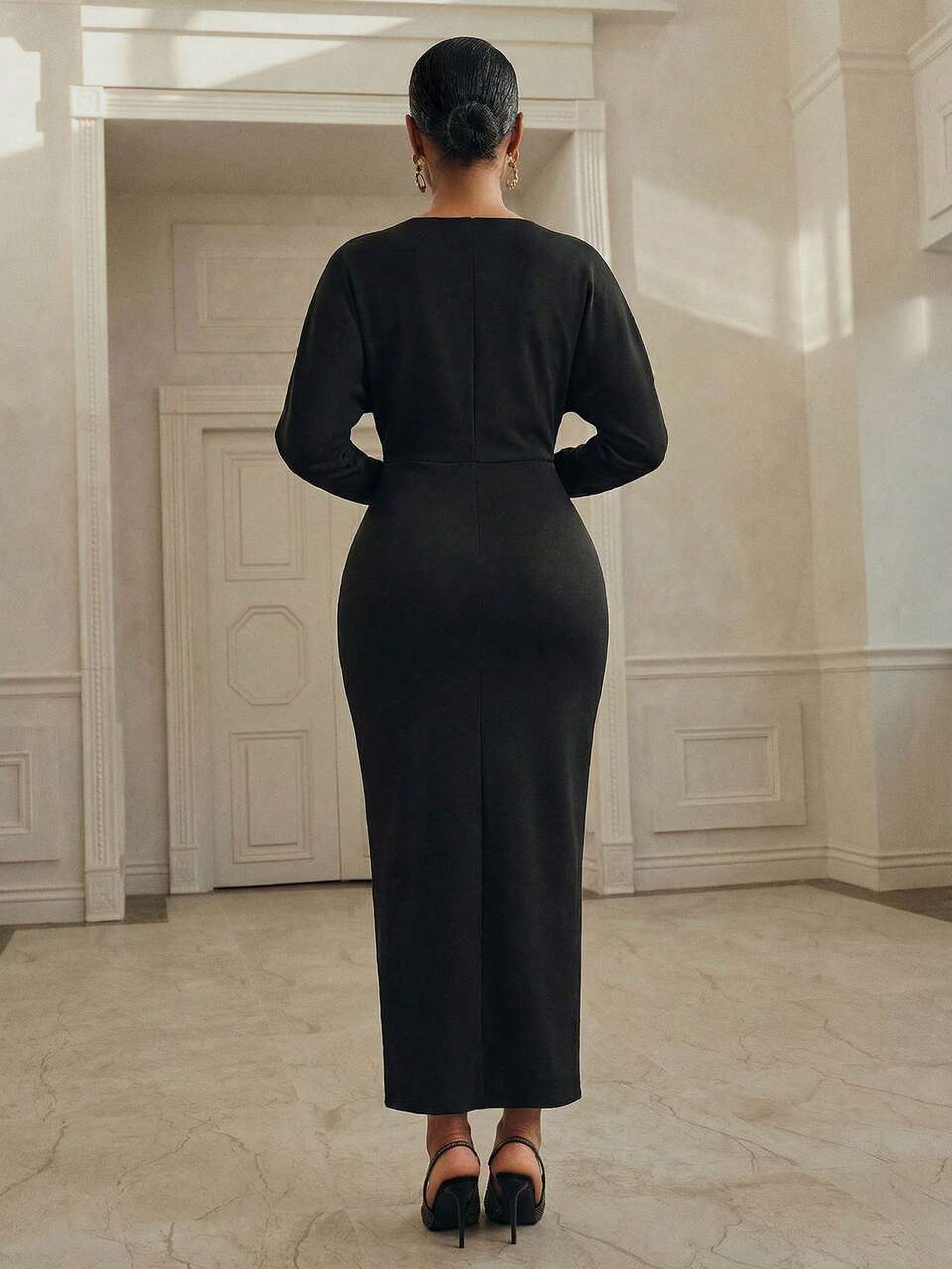 Women's Off Shoulder Deep V Crossed Neckline Batwing Sleeve Waist Ruched Faux Pearl Button Black Dress,Autumn Elegant Dining Spring/Summer Minimalist