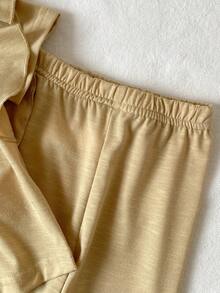女婴优雅简约黄绿色竹纤维针织面料领口蕾丝边圆领褶皱下摆短袖上衣和裤子休闲套装 - 黃色 - 查看 4