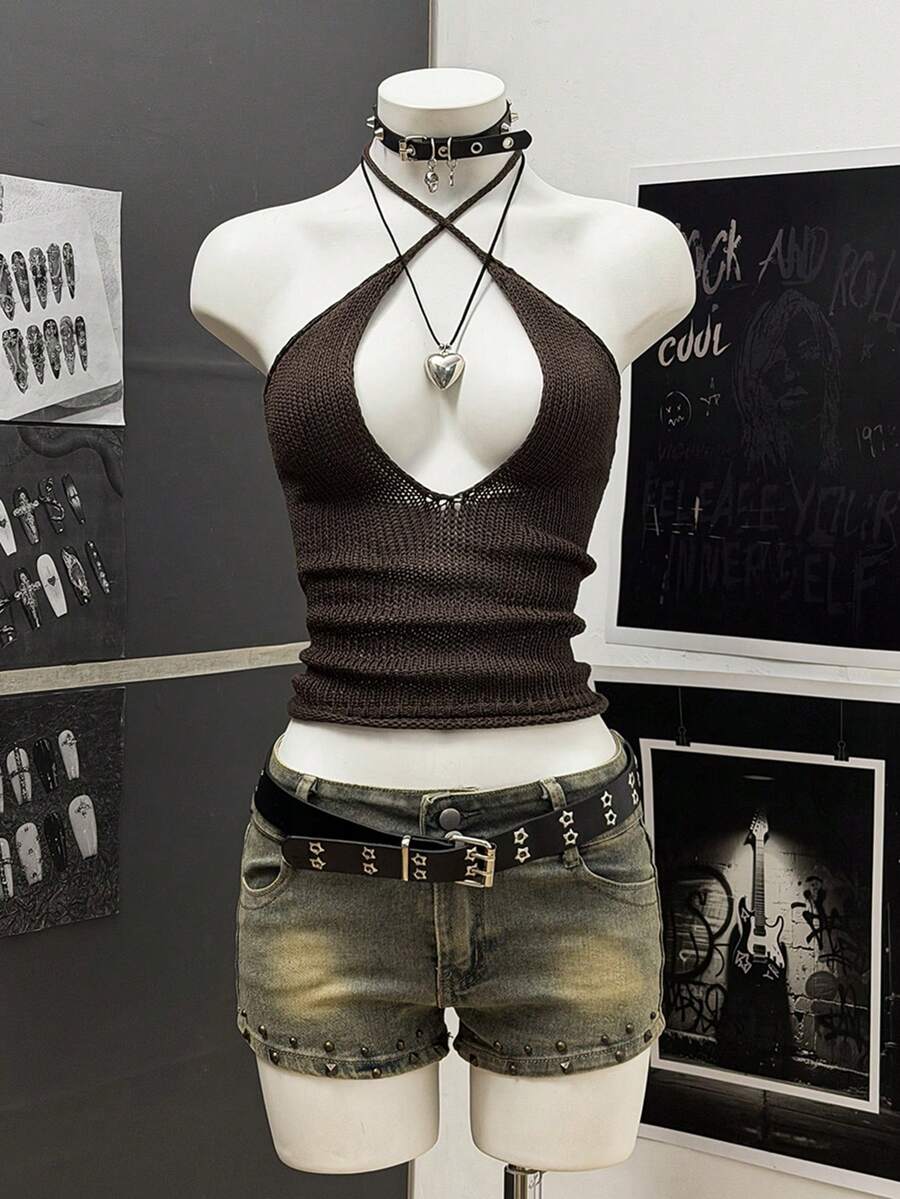 StreetHx Streetwear Women's Solid Black Sleeveless Tie-Up Knit Top - Black - View 1