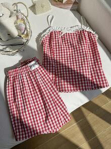 SHEIN 2件套少女休闲可爱格子吊带背心和配套短裤套装，适合日常、通勤、休闲、外出，适合春夏穿着。 - 紅色 - 查看 3