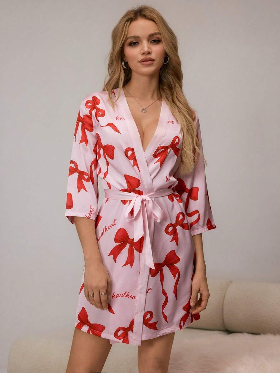 HautHeat Women's Bow Print Sleepwear Robe - Pink - View 1