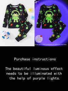 2pcs Toddler Boys' Long Sleeve Snug Fit Pajamas, Cartoon Astronaut Glow-In-The-Dark Print, Soft & Comfortable