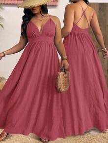 Sunserae 大码女式深V领交叉露背纹理腰带沙滩度假连衣裙 - 藕粉色 - 查看 1