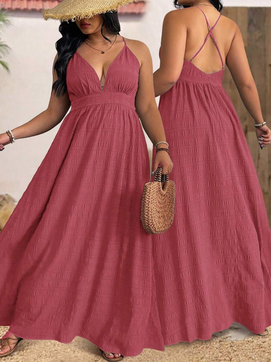 Sunserae 大码女式深V领交叉露背纹理腰带沙滩度假连衣裙 - 藕粉色 - 查看 1