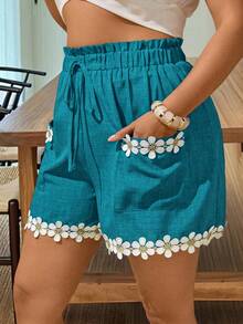 EMERY ROSE 大码仿牛仔布梭织面料，雏菊花边装饰，宽松阔腿，松紧腰带，抽绳设计，真口袋，休闲短裤，适合外出、通勤、聚会、约会 - 水鴨藍 - 查看 5