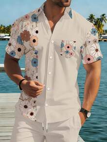 Manfinity RSRT 男士时尚印花短袖衬衫，休闲沙滩度假衬衫，带仿口袋装饰，适合送给男友、伴侣、家人，日常穿着和约会皆宜。男士印花纽扣衬衫，男士花衬衫 - 彩色 - 查看 1