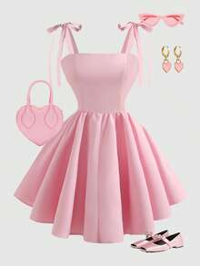 Girlism 少女粉色编织细肩带蝴蝶结腰身A字休闲度假甜美粉色短裙，春夏款 - 粉色 - 查看 1