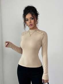 SHEIN PETITE Women's Elegant Round Neck Solid Color Shoulder Design Metal Button Decor All-Match Long Sleeve T-Shirt, Versatile For Spring/Summer - Khaki - View 3