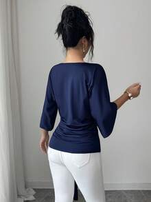 Selianne 女士V领荷叶边蝙蝠袖纯色短袖T恤，腰部饰有金属装饰系带，修身休闲上衣，适合夏季、休闲/办公通勤、度假、乡村派对等场合，优雅百搭。 - 藍色 - 查看 2