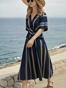 SHEIN Holidaya Cross-Wrap Cinched Waist V-Neck Blue & Yellow Striped Dress For Women, Vacation - Navy Blue - View 4