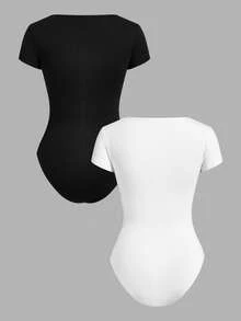 Girlism 2件套少女黑白百搭修身休闲圆领连体裤 - 黑與白 - 查看 2