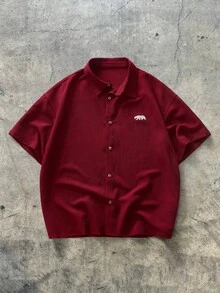 EASEVO Áo sơ mi nam cỡ lớn thêu hình động vật, tay ngắn, cài một hàng khuy, kiểu dáng thường ngày. - Đỏ - Xem 2