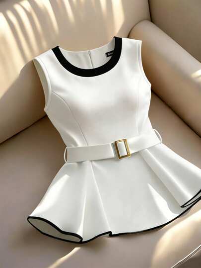 Franclia New Spring/Summer Colorblock Round Neck Camisole Top, Fitted Waist Design, Elegant Style, D-Ring Waist Belt Decor, Satin Black & White Colorblock Fabric, Back Zipper