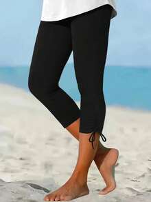 DrmWander 大码女式休闲沙滩度假风海龟印花抽绳褶皱扭结七分紧身裤 - 黑色 - 查看 1